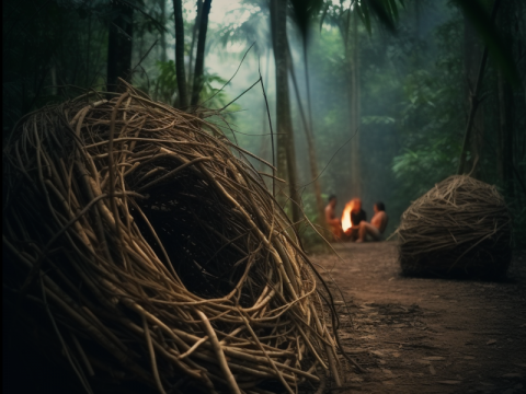 Cabanes et feu de camp dans la forêt