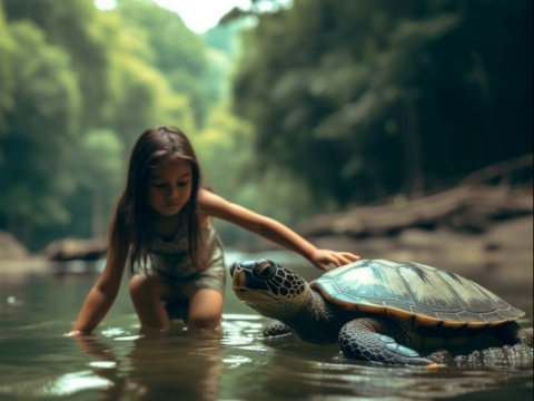 L'enfant et la tortue dans la rivière, la vie en symbiose