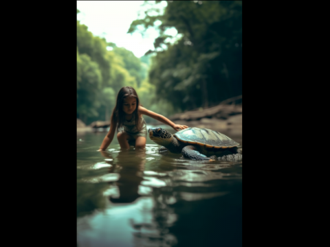 L'enfant et la tortue dans la rivière, plan large