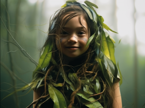 Enfant habillé de feuilles et son tatouage