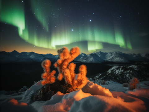 Cactus des neiges et aurore boréale