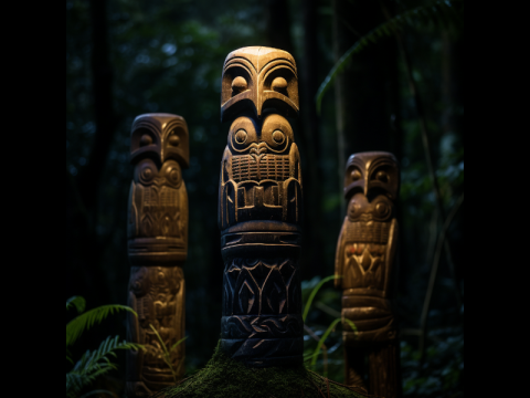 Tikis-totems de chouettes, balisage des chemins de Råăpu Jirí